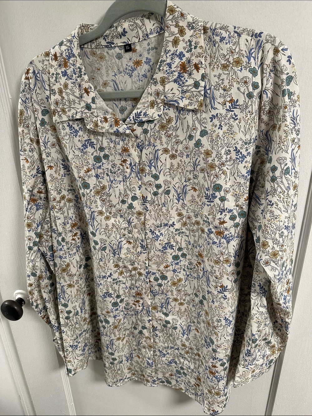 Floral Button-Down 100% Cotton Shirt in Cream with Blue & Green Accents